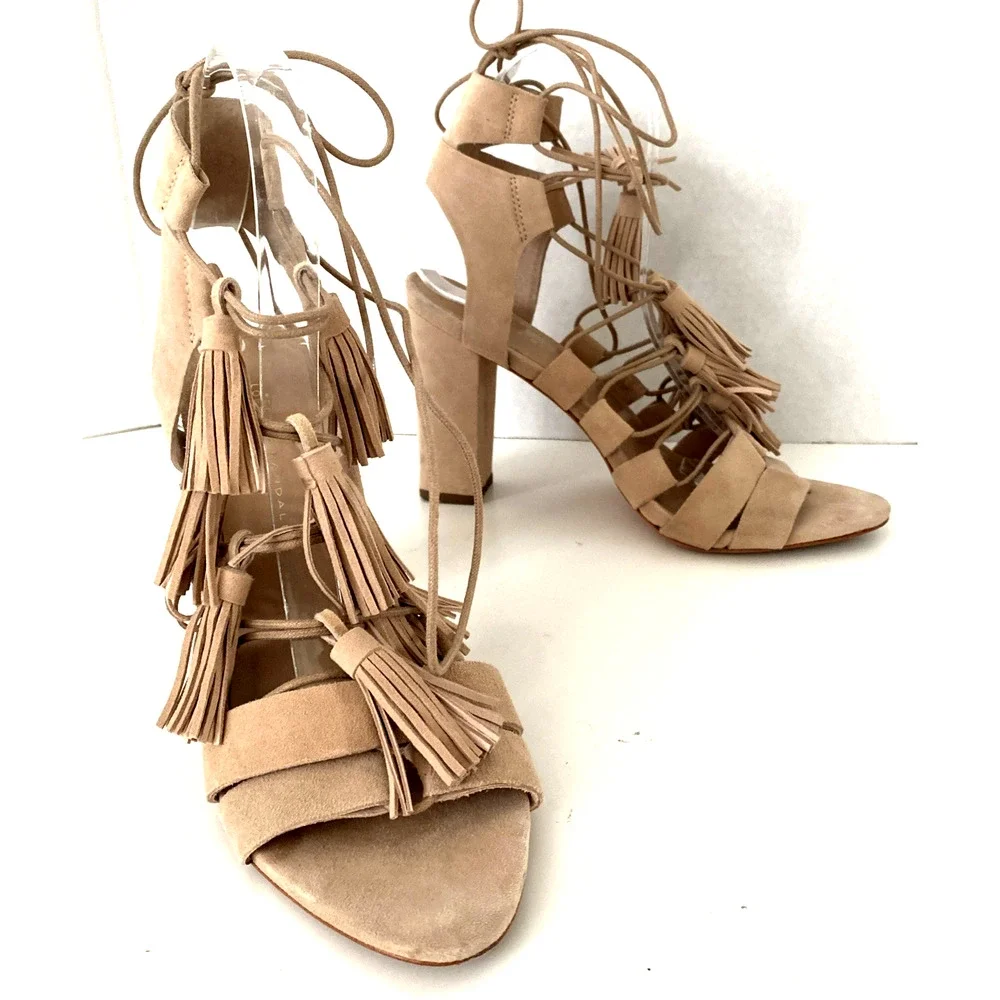 Loeffler Randall Sandal Luz Natural Tan Beige Tassel Lace Up Wraparound Open 8 B